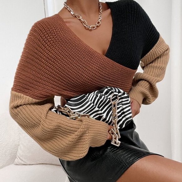 Multi Color Cut And Sew Drop Shoulder Crop Sweater - Picture 7 of 8